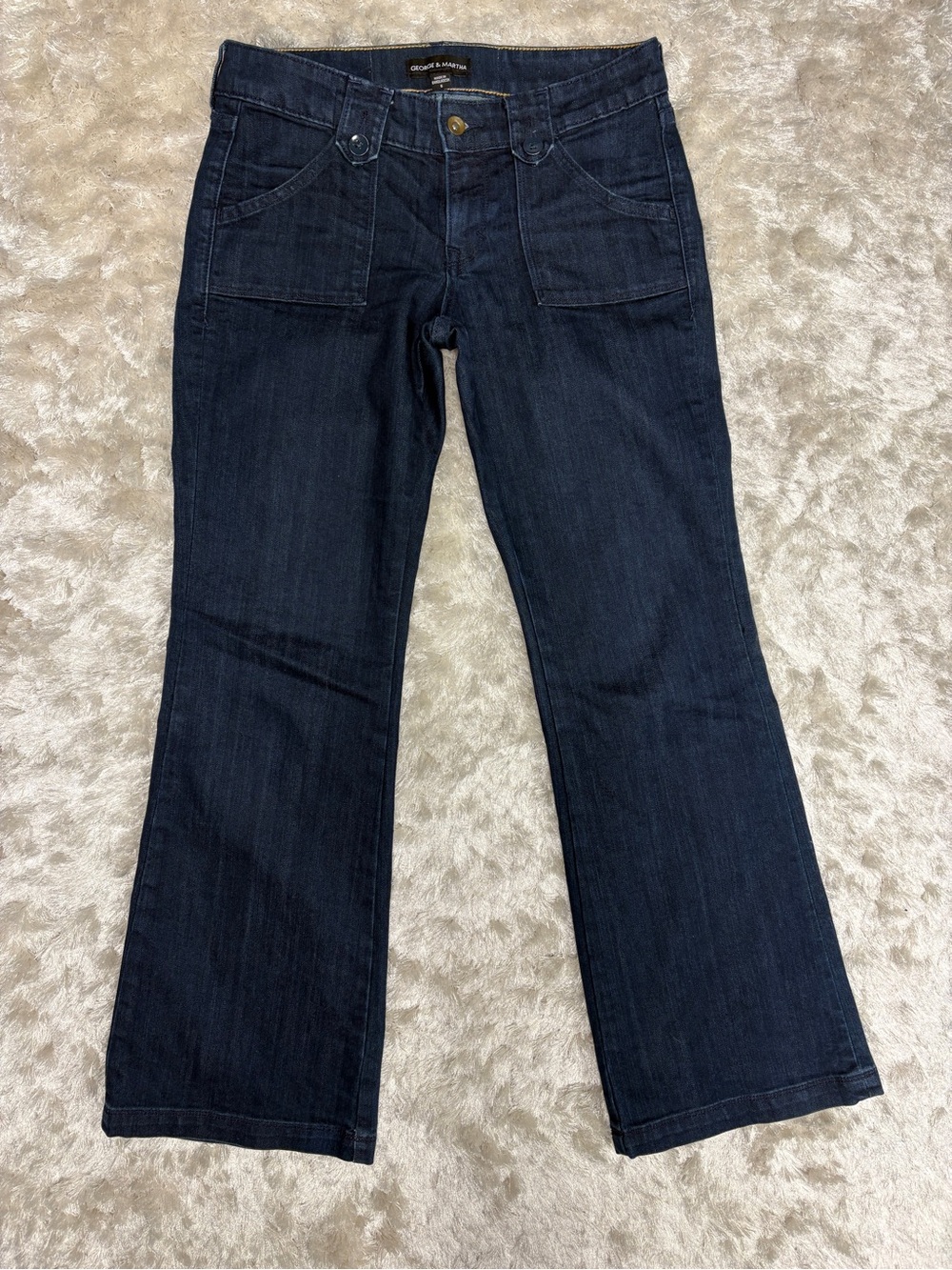 George & Martha Women’s Dark Blue Wide Leg Jeans Mid-Rise: Patch Pocket